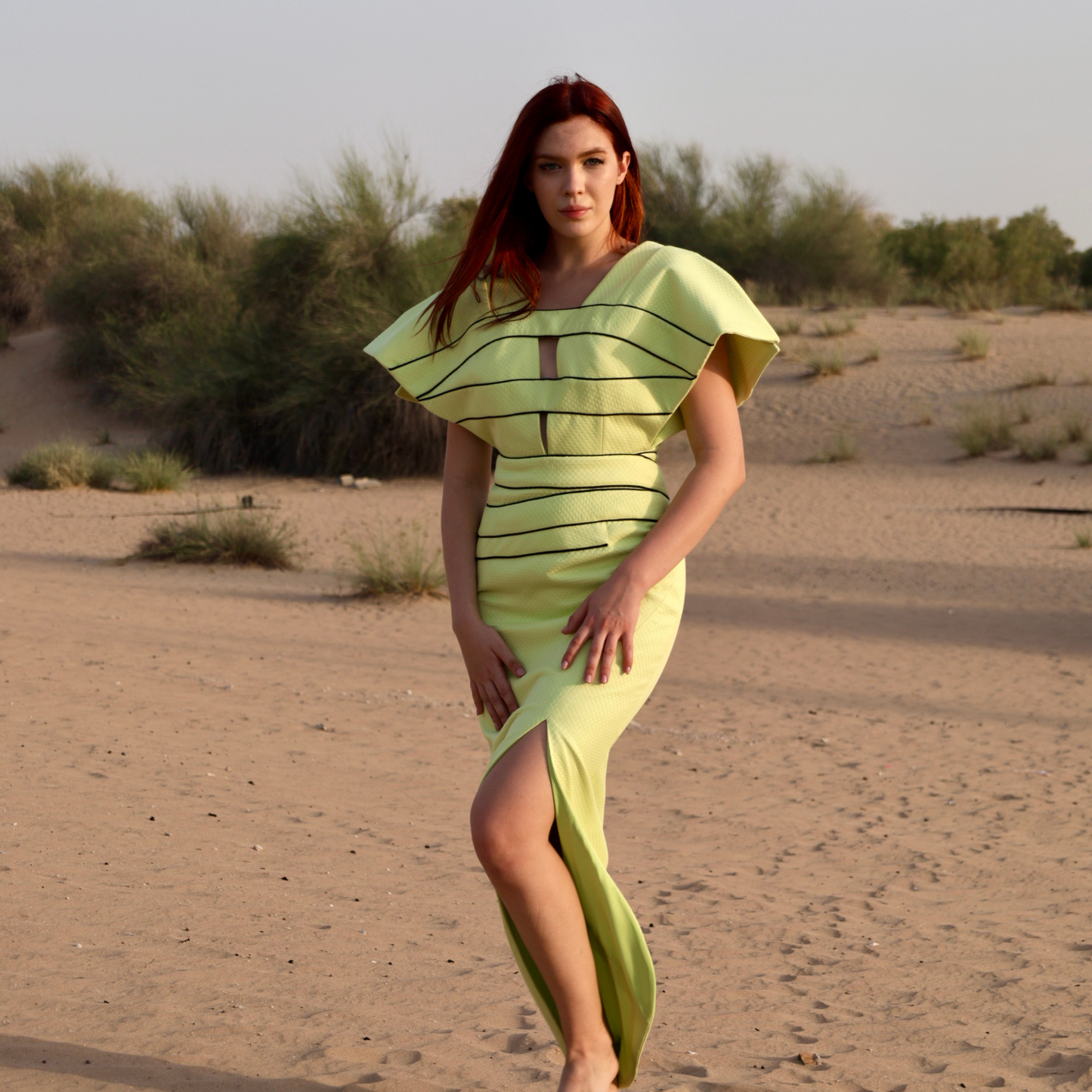 Lime Green Oversized Shoulder Dress