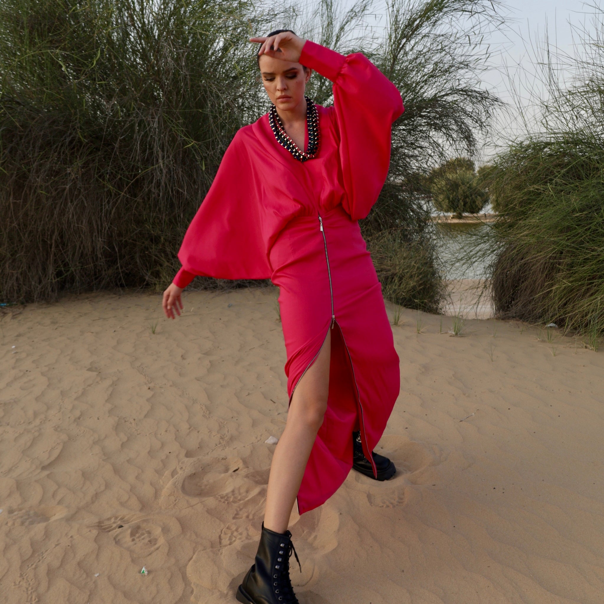 fuchsia-oversized-sleeve-dress