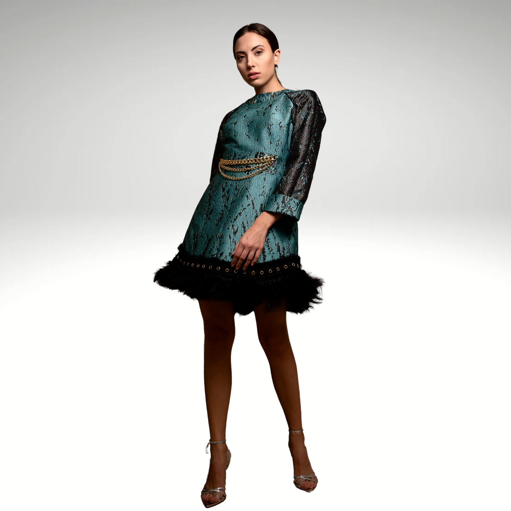 Brocade Fur-Trimmed Short Dress