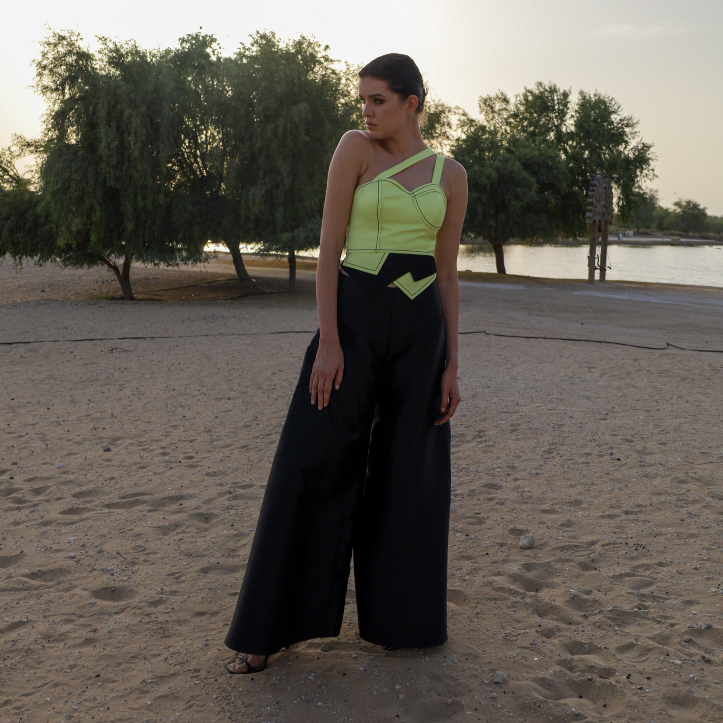 Lime Green Crepe Corset with Black Accents