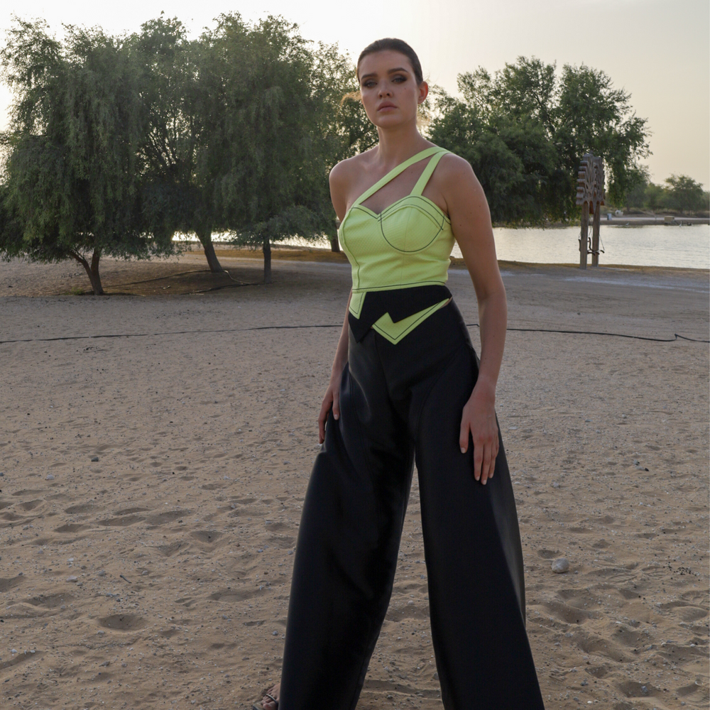 
                      
                        Lime Green Crepe Corset with Black Accents
                      
                    