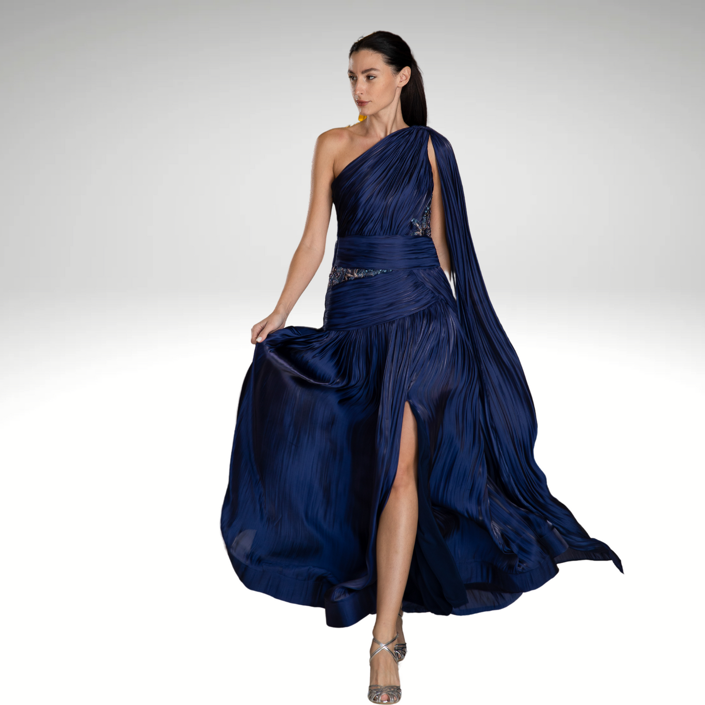 Navy Blue One-Shoulder Silk Organza Dress