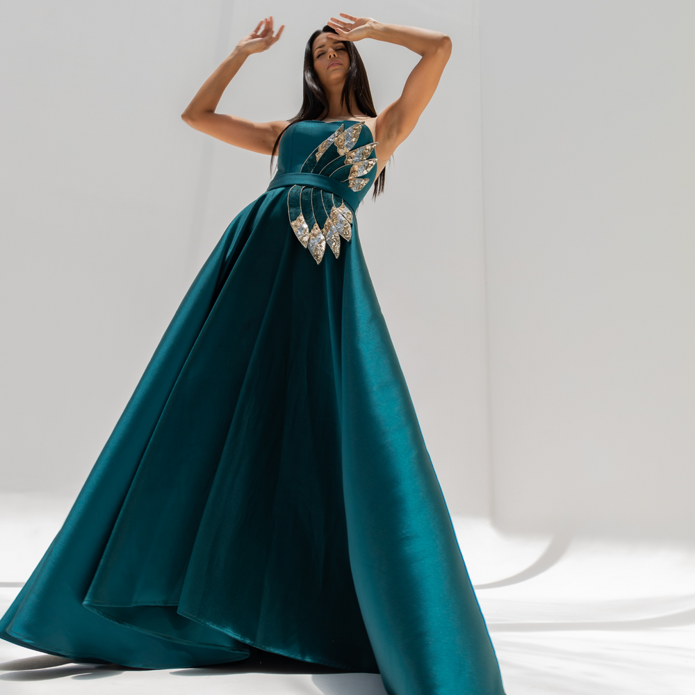 
                      
                        Emerald Green Mikado Dress with Embroidery
                      
                    
