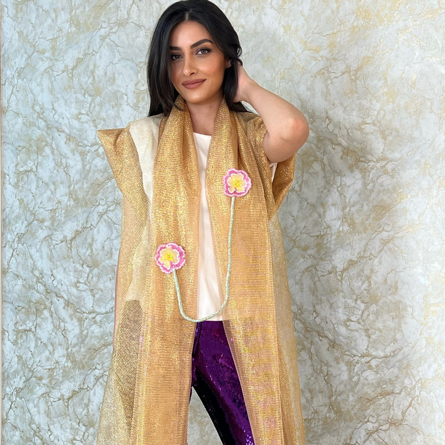 Golden Net Abaya With Embroidery