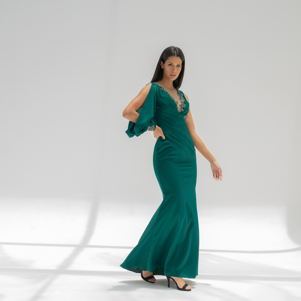 Emerald Green Dress with Stone Embroidery