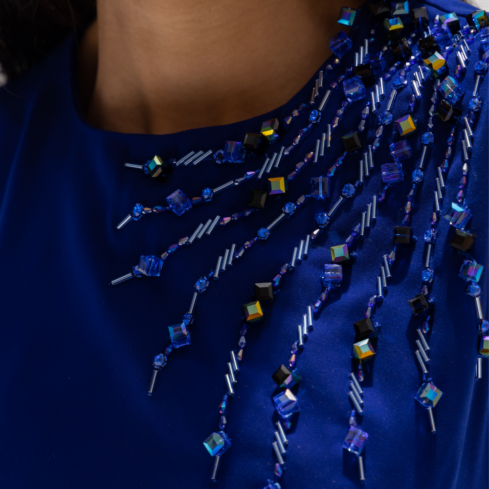 
                      
                        Blue Crepe Dress with Swarovski Embroidery
                      
                    