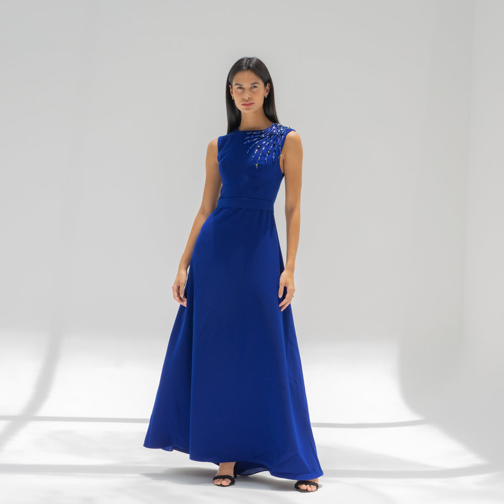 Blue Crepe Dress with Swarovski Embroidery