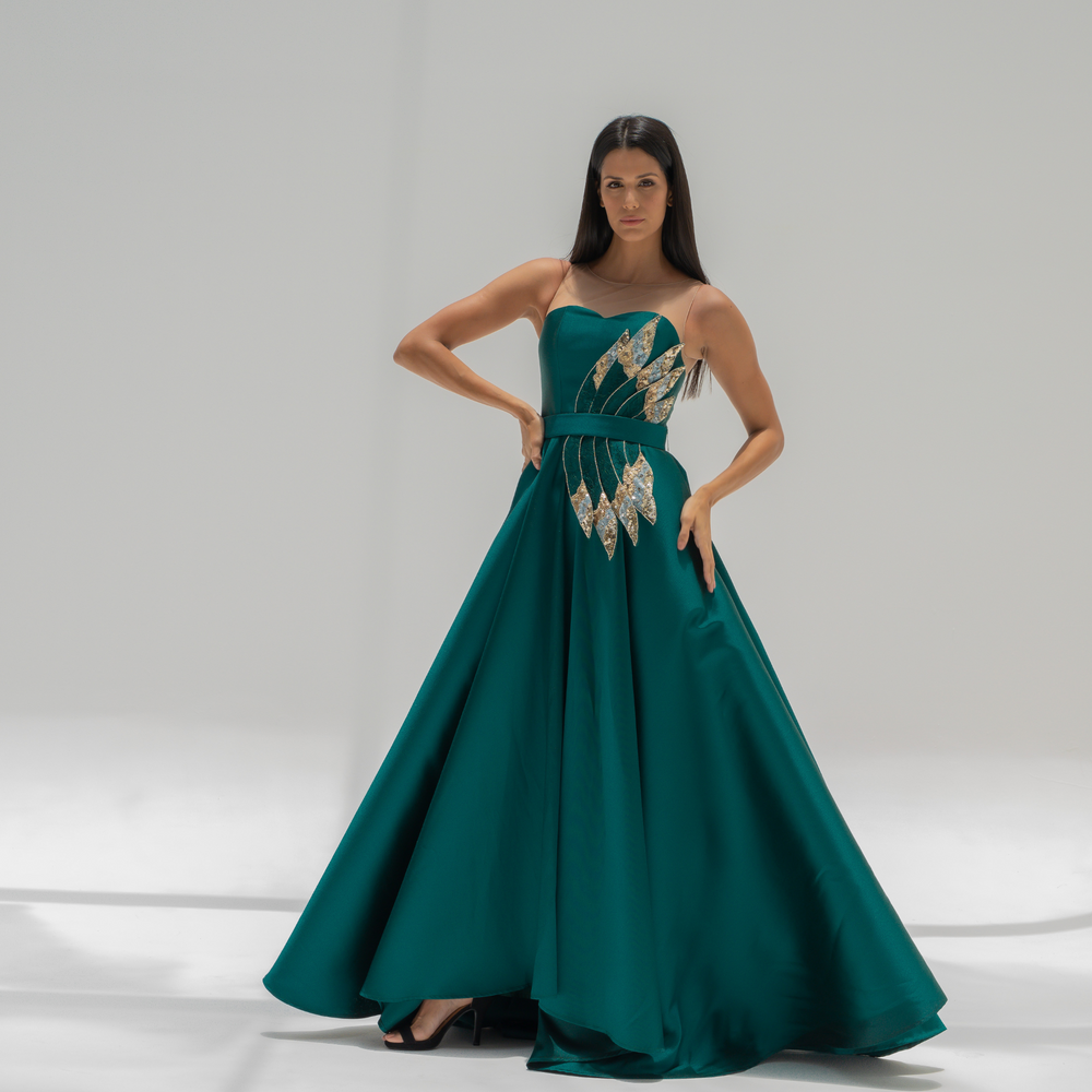 Emerald Green Mikado Dress with Embroidery