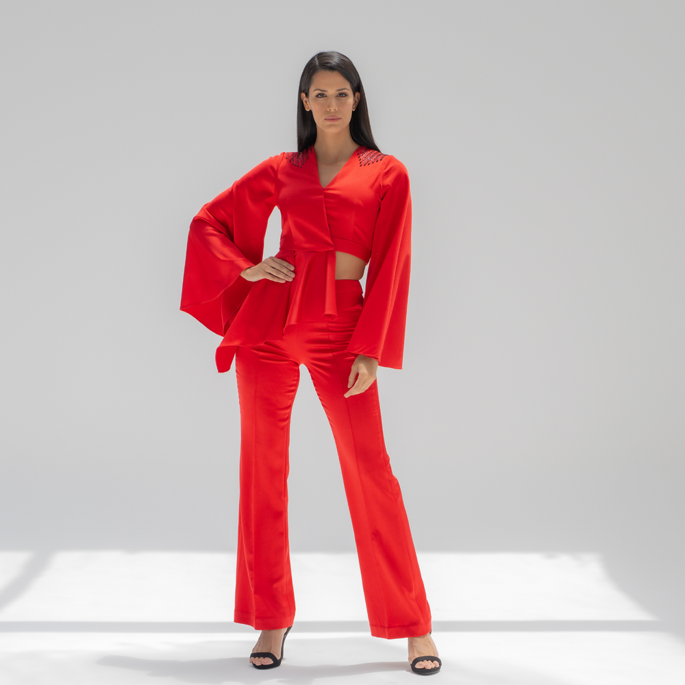 Red Crepe Suit with Back Embroidery