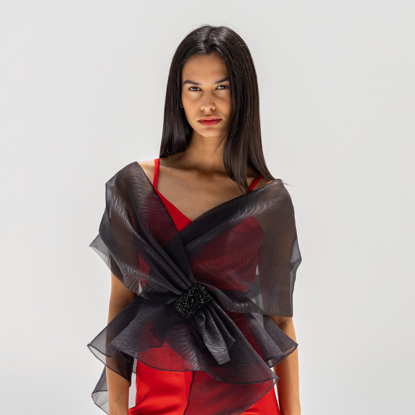 Red crepe Jumpsuit with Chiffon Bolero