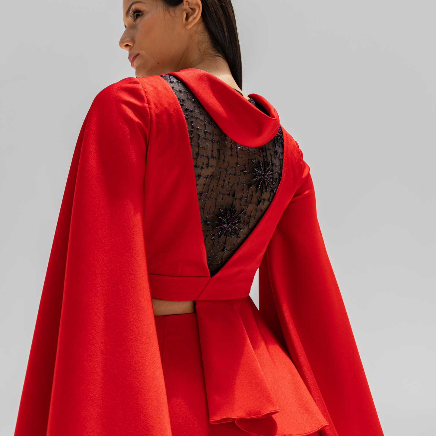 Red Crepe Suit with Back Embroidery