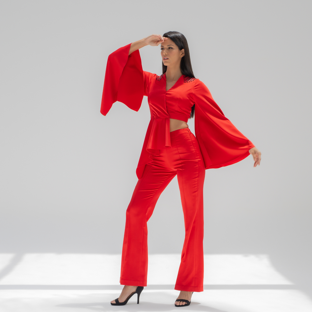 Red Crepe Suit with Back Embroidery