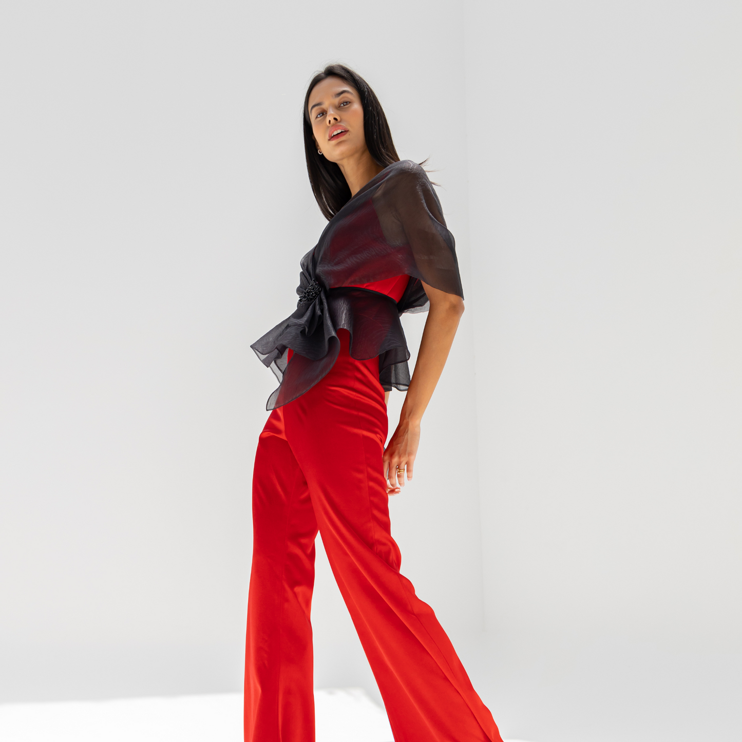 Red crepe Jumpsuit with Chiffon Bolero