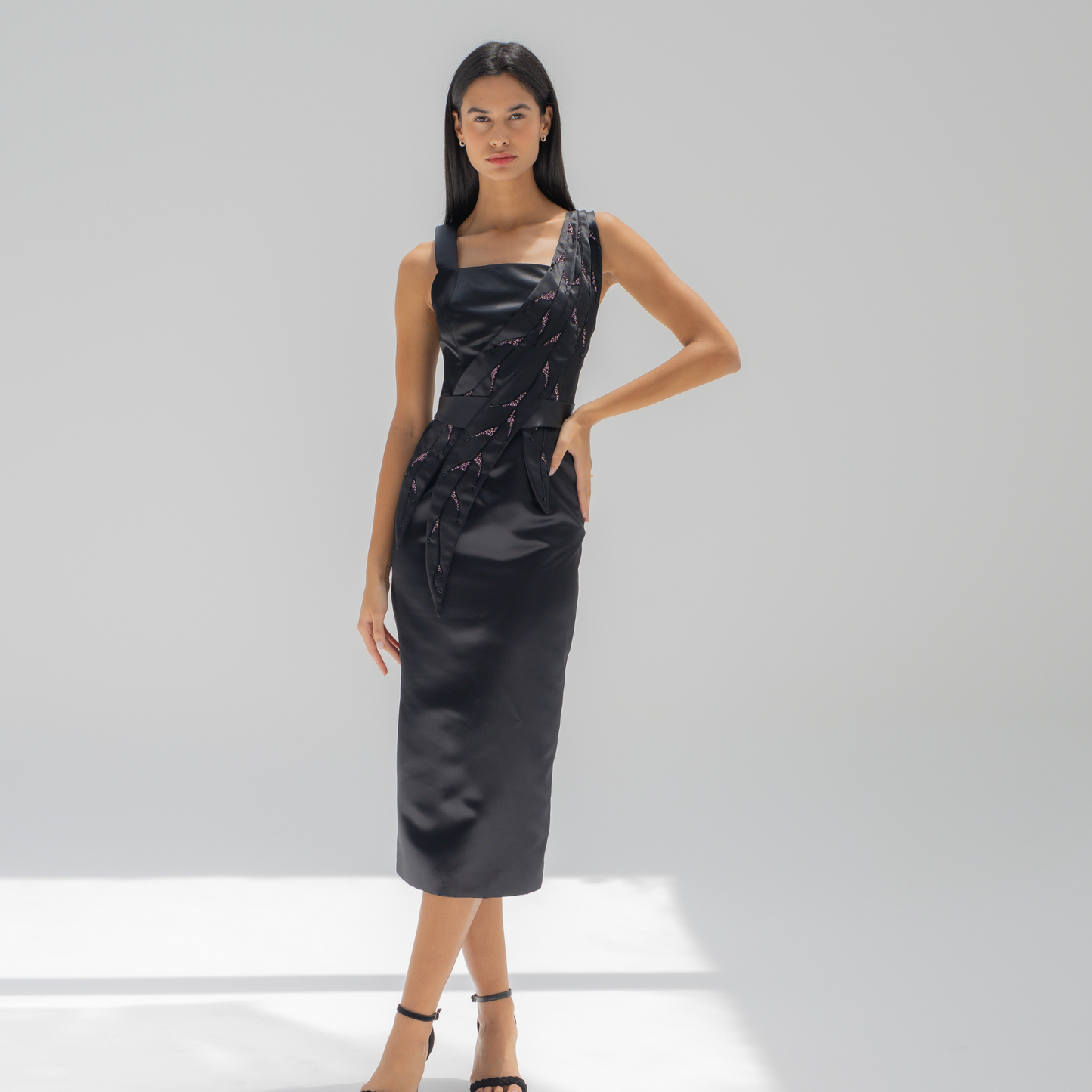 Black Taffeta Dress with Embroidery