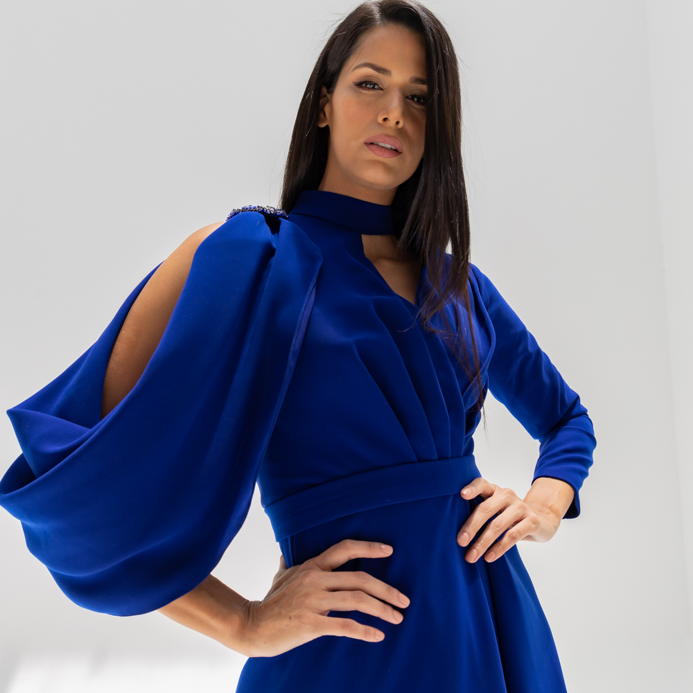 
                      
                        Blue Asymmetric Dress with Shoulder Scarf
                      
                    