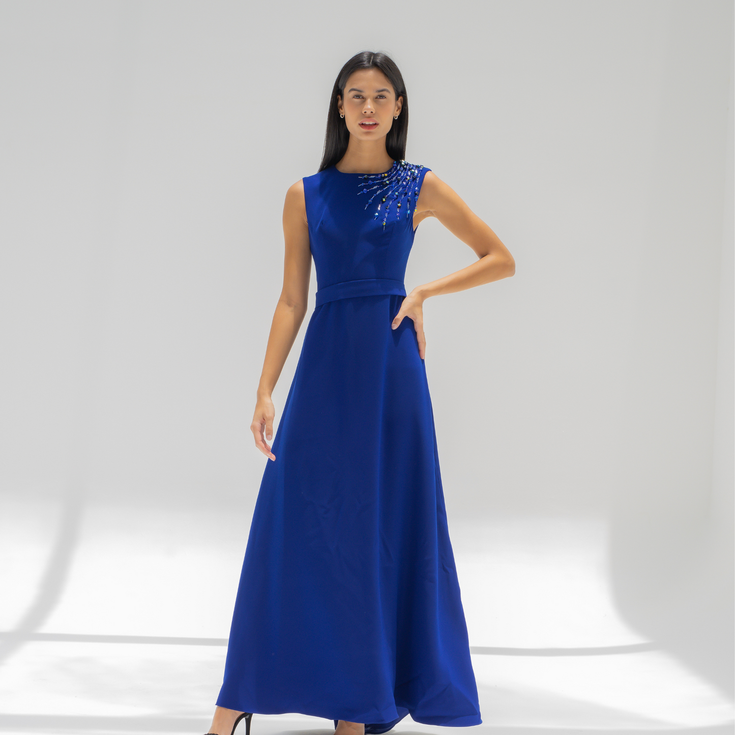 Blue Crepe Dress with Swarovski Embroidery